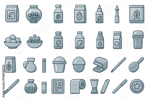 Herbal supplements and natural health products icon set