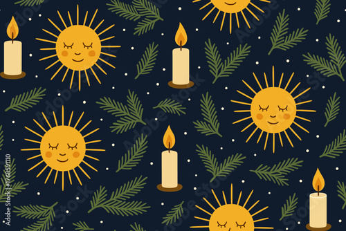 Cozy sun, candle, and pine seamless winter pattern
