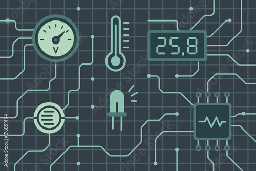 Electronic sensors and circuits on digital grid background