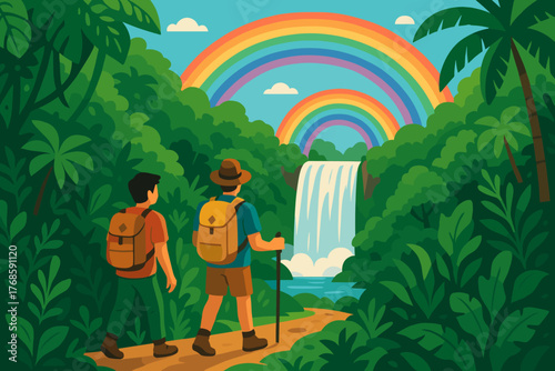 Hikers in lush jungle admiring waterfall and double rainbow