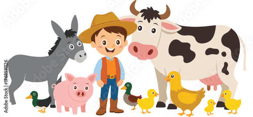 Cartoon farm boy with animals, pig, cow, donkey, ducks, ducklings, cheerful farm scene, children illustration, rural life, colorful drawing