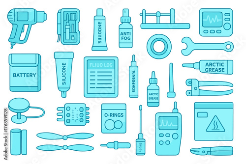 Technical drone repair tools and maintenance equipment icon set
