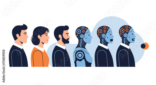 Illustration showing human evolution towards artificial intelligence and robots.