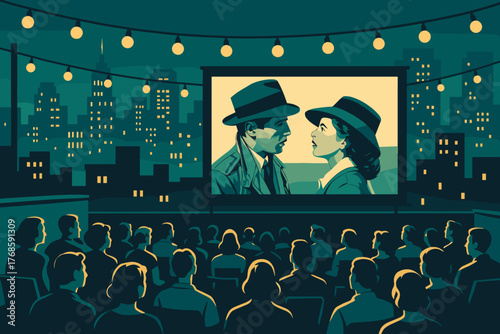 Vintage rooftop movie night with romantic film screening