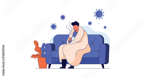 Person wrapped in blanket on couch holding warm drink with virus particles floating around.