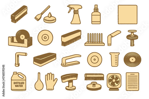 Set of vinyl record cleaning tools icons on gold background
