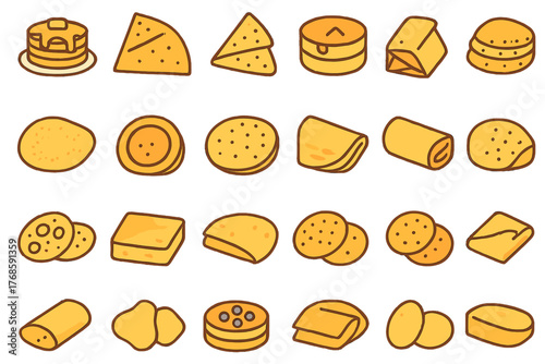 Illustrated variety of flatbreads, pancakes, and snacks on a warm gradient background