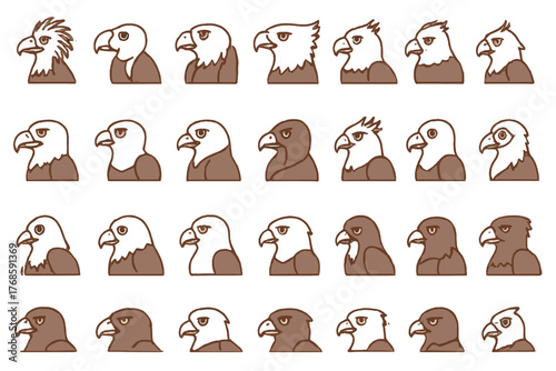 Character design sheet of stylized anthropomorphic eagle heads with varied expressions and hairstyles