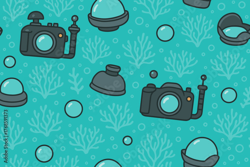 Underwater photography pattern with cameras, lenses, and corals on blue background
