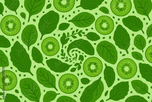 Seamless green superfood pattern with kiwi and leafy greens