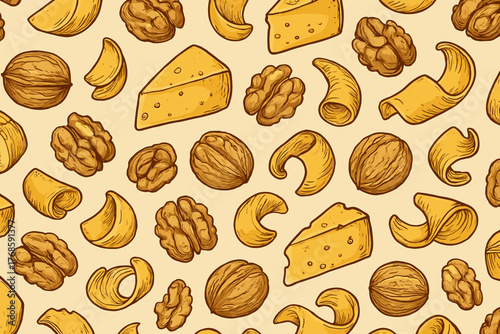 Seamless vintage cheese, walnut, and potato chip pattern