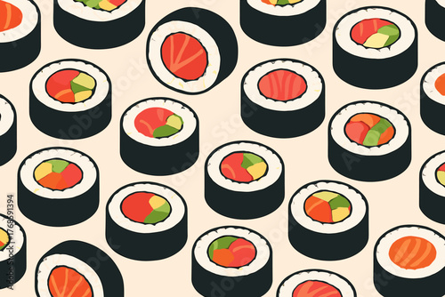 Seamless pattern of colorful sushi rolls on light background