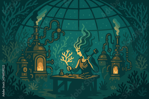 Artisan crafting glowing coral in an underwater steampunk forge
