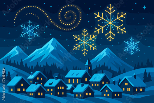 Charming snowy village with festive drone snowflake display over mountains