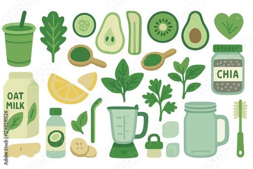 Hand-drawn smoothie ingredient icons with green theme