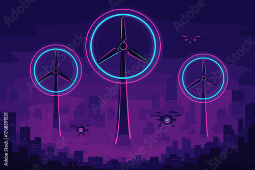 Cyberpunk city with neon wind turbines and surveillance drones