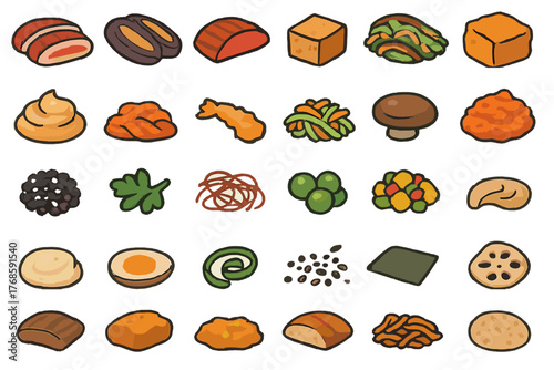 Hand-drawn Asian food ingredients and ramen topping icons
