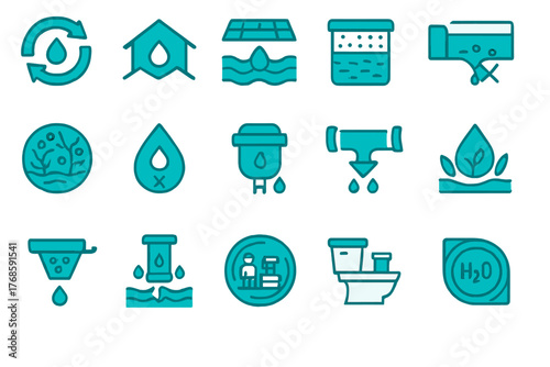 Neon-style icons of water purification and wastewater treatment