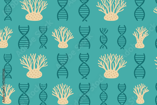 Scientific pattern with DNA strands and coral organisms on teal grid