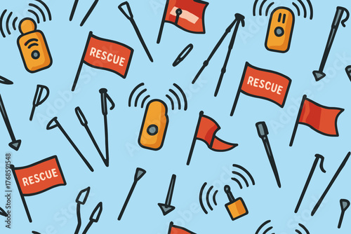 Pattern of rescue transceivers, flags, and avalanche probes on blue background