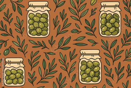 Seamless pattern of olive jars and branches on terracotta background