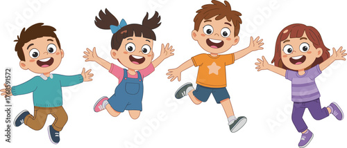 Cartoon children jumping happily, smiling kids, playful pose, colorful outfits, joyful expression, cheerful group, white background, fun moment, childhood illustration