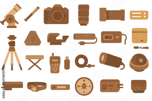 Monochrome telescope and astrophotography equipment icons