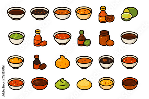 Spicy sauce and dip pattern with bowls, bottles, and ingredients