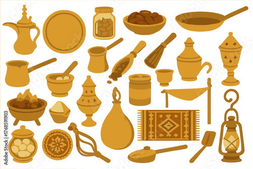 Flat icons of traditional Middle Eastern kitchen tools and items