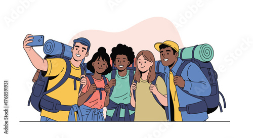 Diverse group of young backpackers taking a selfie on an adventure.