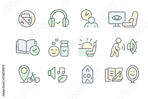 Mindful living and eco-commuting icon collection