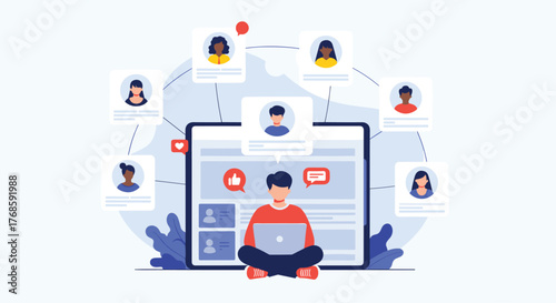 Diverse group of people connected through a digital platform and social media interface.