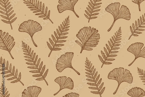 Seamless vintage leaf pattern with ginkgo and fern on aged paper texture