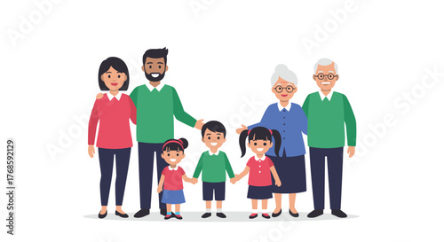 A multi-generational family standing together, holding hands with their children.