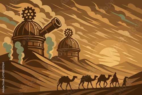 Camel caravan passing steampunk domes at desert sunset