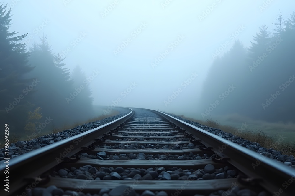 Fototapeta premium A railway track curving endlessly into fog.