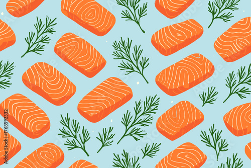 Seamless pattern of salmon fillets and dill on textured blue background