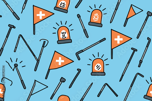 Rescue pattern with medical flags, sirens, and avalanche probes on blue background