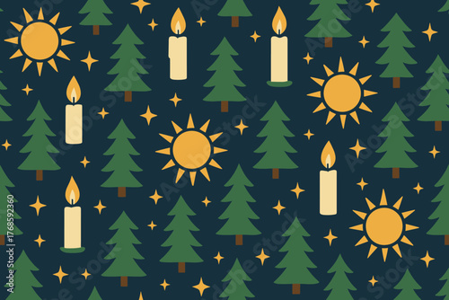 Minimalist sun, candle, and pine tree winter solstice pattern
