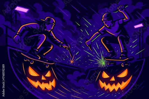 Spooky skate session with fiery jack-o'-lanterns and neon sparks