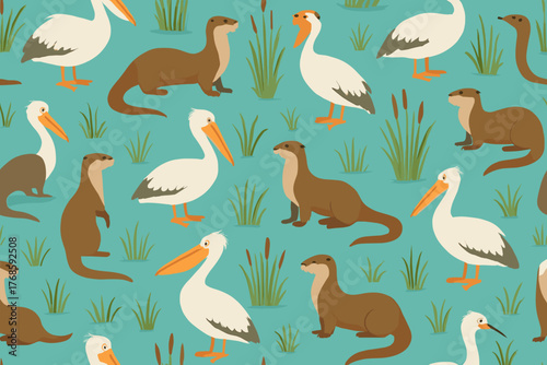 Otters and pelicans seamless pattern in wetland habitat