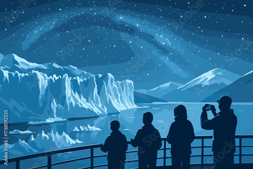 Travelers watching glacier and Milky Way in arctic night