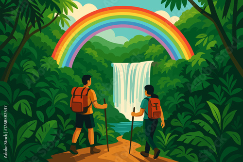 Hikers on jungle trail approaching waterfall and rainbow