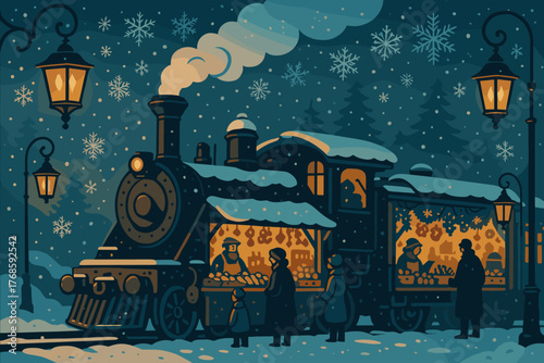 Snowy Christmas market train with glowing holiday stalls