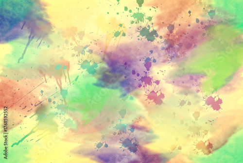 Artistic watercolor background with color splashes in purple, green and yellow tones