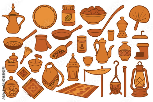 Hand-drawn icons of Arabic coffee, spices, and traditional items