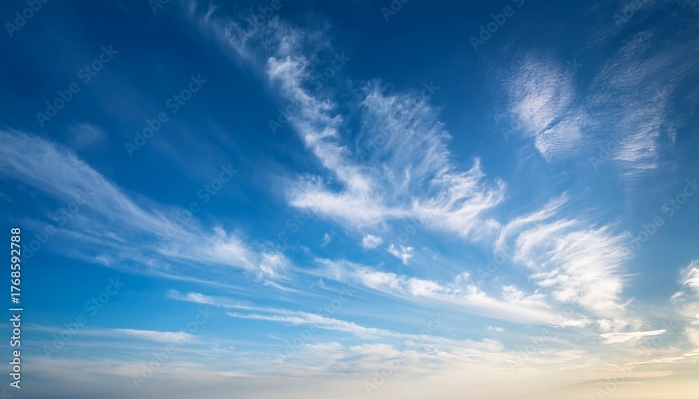Fototapeta premium Soft Blue Sky With Gentle Wispy Clouds Illuminated By Warm Sunlight Above A Faint Horizon A Tranquil And Dreamy Atmosphere Ideal For Nature Background Or Weather Themed Visuals