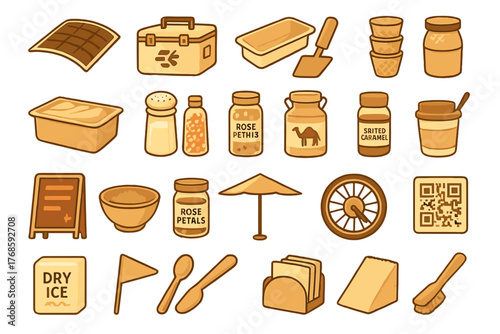 Hand-drawn icons of ice cream shop items and dessert toppings