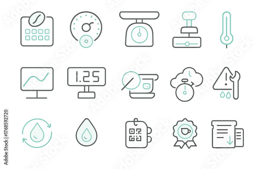 Neon-style smart coffee machine interface icons on metallic background