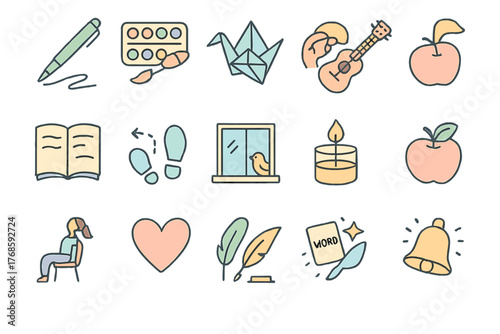 Set of pastel education and wellness themed icons